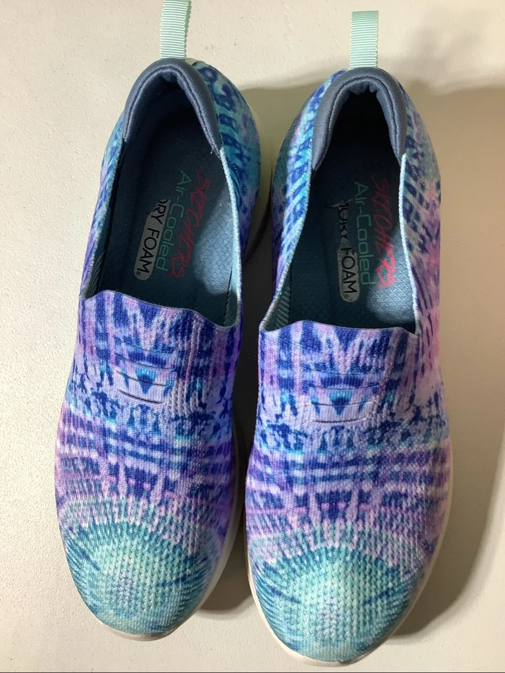 Skechers tie dyed air-cooled memory foam slip ons, size 10